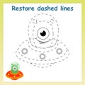 Trace game for children. Cartoon alien. Restore dashed line and