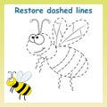 Trace game for children. Cartoon bee. Restore dashed line