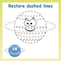 Trace game for children. Cartoon Uranus planet. Restore dashed