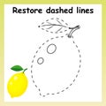 Trace game for children. Cartoon yellow lemon. Restore dashed li
