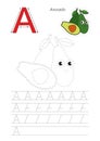 Trace game for letter A. Ripe Avocado.