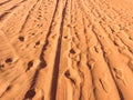 A trace, an imprint of car tires, wheels on the sand, Tracks on desert sand Royalty Free Stock Photo