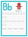 Trace letter B uppercase and lowercase. Alphabet tracing practice preschool worksheet for kids learning English with cute cartoon