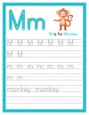 Trace letter M uppercase and lowercase. Alphabet tracing practice preschool worksheet for kids learning English with cute cartoon