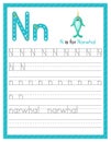 Trace letter N uppercase and lowercase. Alphabet tracing practice preschool worksheet for kids learning English with cute cartoon