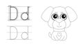 Trace the letter and picture and color it. Educational children tracing game. Coloring alphabet. Letter D and funny dog