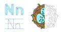 Trace the letter and picture and color it. Educational children tracing game. Coloring alphabet. Letter N and Nest with