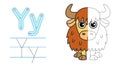 Trace the letter and picture and color it. Educational children tracing game. Coloring alphabet. Letter Y and funny Yak