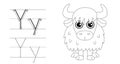 Trace the letter and picture and color it. Educational children tracing game. Coloring alphabet. Letter Y and funny Yak Royalty Free Stock Photo