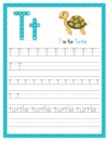 Trace letter T uppercase and lowercase. Alphabet tracing practice preschool worksheet for kids learning English with cute cartoon Royalty Free Stock Photo