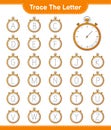 Trace the letter. Tracing letter alphabet with Foam Stopwatch. Educational children game, printable worksheet, vector illustration