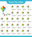 Trace the letter. Tracing letter alphabet with Kite. Educational children game, printable worksheet, vector illustration Royalty Free Stock Photo