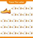 Trace the letter. Tracing letter alphabet with Running Shoes. Educational children game, printable worksheet, vector illustration