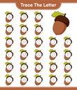 Trace the letter. Tracing letter alphabet with Acorn. Educational children game, printable worksheet, vector illustration
