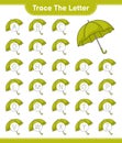 Trace the letter. Tracing letter alphabet with Umbrella. Educational children game, printable worksheet, vector illustration Royalty Free Stock Photo