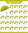 Trace the letter. Tracing letter alphabet with Umbrella. Educational children game, printable worksheet, vector illustration Royalty Free Stock Photo