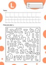 Trace letter worksheet a4 for kids preschool and school age. Game for children. Find and color