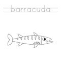 Trace the letters and color cartoon barracuda fish. Handwriting practice for kids Royalty Free Stock Photo