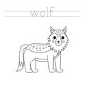 Trace the letters and color cartoon wolf. Handwriting practice for kids