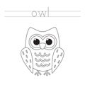 Trace word and color cute cartoon owl.