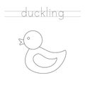 Trace word and color rubber duckling. Worksheet for children.