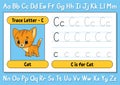 Trace letters. Writing practice. Tracing worksheet for kids. Learn alphabet. Cute character. Vector illustration. Cartoon style