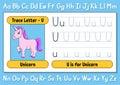 Trace letters. Writing practice. Tracing worksheet for kids. Learn alphabet. Cute character. Vector illustration. Cartoon style