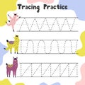 Trace line activity page for kids. Handwriting practice worksheet with funny llamas