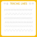 Trace line worksheet for kids. Basic writing. Working pages for children. Preschool or kindergarten worksheet. Trace the pattern