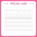 Trace line worksheet for kids. Trace the pattern. Working pages for children. Preschool or kindergarten worksheet. Basic writing