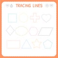 Trace line worksheet for kids. Working pages for children. Preschool or kindergarten worksheet. Trace the shapes