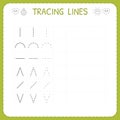 Trace line worksheet for kids. Working pages for children. Preschool or kindergarten worksheet. Trace the pattern. Basic writing