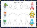 Trace lines from animals astronauts to the rockets. Activity page for kids.