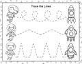 Trace lines from animals astronauts to the rockets. Coloring activity page for kids