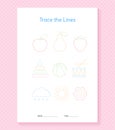 Trace lines worksheet. Educational practice for kids workbook. Vector illustration