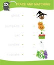 worksheet trace and matching the words with images. Educational printable worksheet with Halloween theme. Vector illustration.