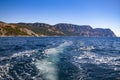 The trace of the motor in the sea water. Wake of a ferry boat Royalty Free Stock Photo