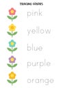 Tracing words of basic colors. Preschool worksheet.