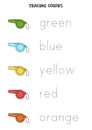 Trace names of basic colors with whistles. Handwriting practice