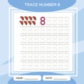 Trace number 8. Eight. Children educational game. Kids learning material. Activity For Early Years. Preschool worksheet