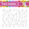 Trace number. Handwriting practice. Learning numbers for kids. Education developing worksheet. Activity page. Game for toddlers