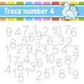 Trace number. Handwriting practice. Learning numbers for kids. Education developing worksheet. Activity page. Game for toddlers