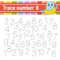 Trace number. Handwriting practice. Learning numbers for kids. Education developing worksheet. Activity page. Game for toddlers