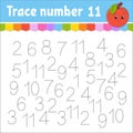 Trace number . Handwriting practice. Learning numbers for kids. Education developing worksheet. Activity page. Game for toddlers