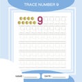 Trace number 9. Nine. Children educational game. Kids learning material. Activity For Early Years. Preschool worksheet