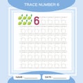 Trace number 6. Six. Children educational game. Kids learning material. Activity For Early Years. Preschool worksheet