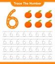 Trace the number. Tracing number with Tangerin. Educational children game, printable worksheet, vector illustration