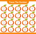 Trace the number. Tracing number with Tangerin. Educational children game, printable worksheet, vector illustration