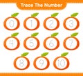 Trace the number. Tracing number with Tangerin. Educational children game, printable worksheet, vector illustration