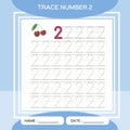 Trace number 2. Two. Children educational game. Kids learning material. Activity For Early Years. Preschool worksheet